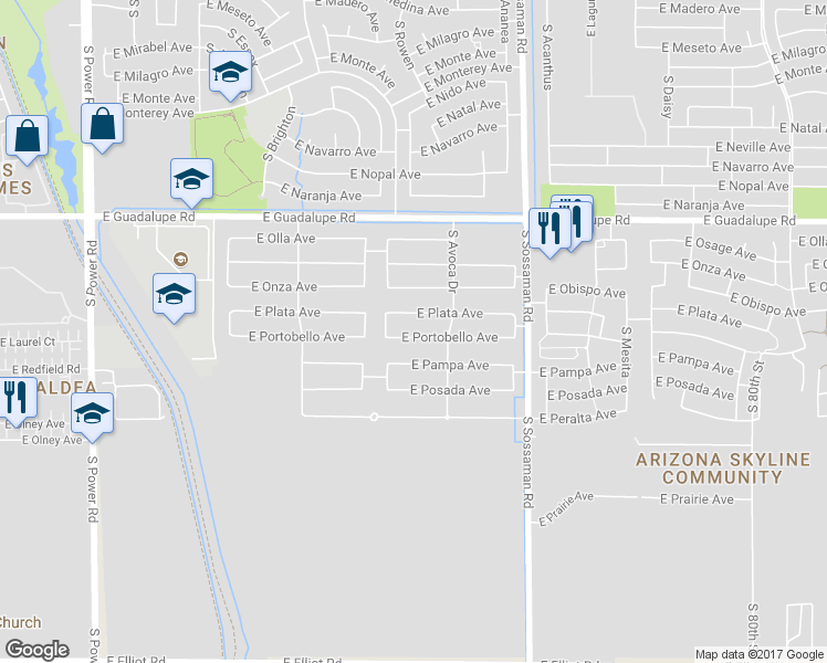 map of restaurants, bars, coffee shops, grocery stores, and more near 3136 South Sossaman Road in Mesa