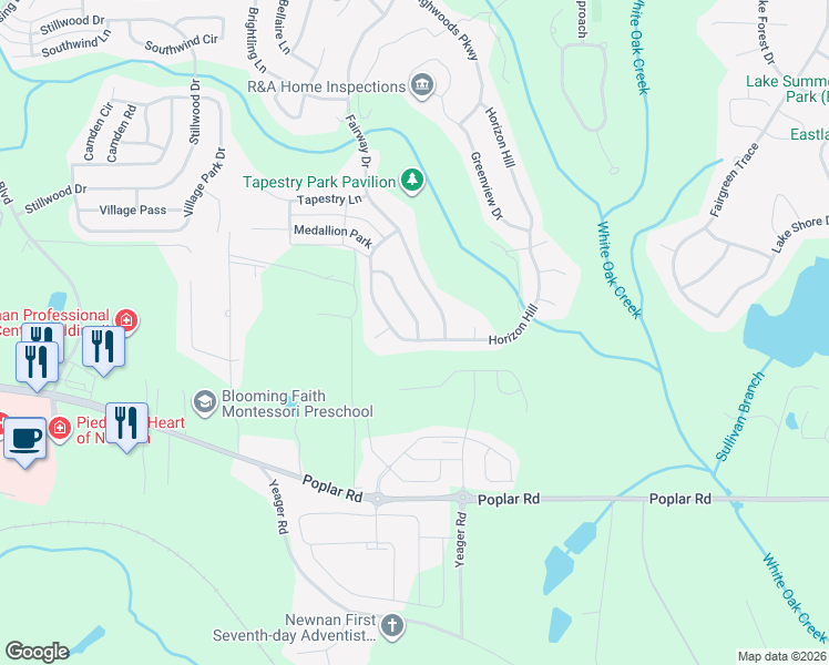 map of restaurants, bars, coffee shops, grocery stores, and more near 64 Green Terrace in Newnan