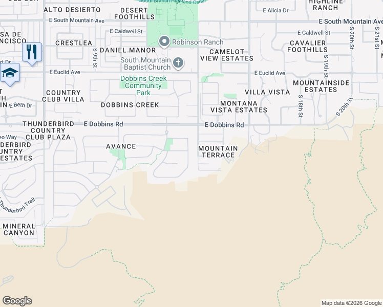 map of restaurants, bars, coffee shops, grocery stores, and more near 1402 East La Mirada Drive in Phoenix