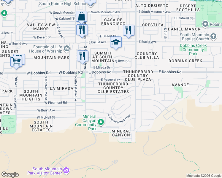 map of restaurants, bars, coffee shops, grocery stores, and more near 317 East La Mirada Drive in Phoenix