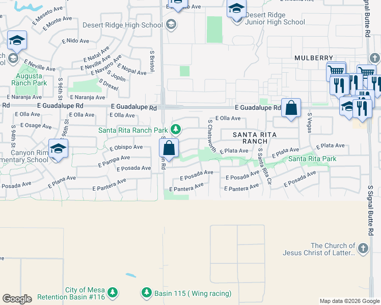 map of restaurants, bars, coffee shops, grocery stores, and more near 10101 East Plata Avenue in Mesa