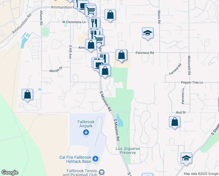 map of restaurants, bars, coffee shops, grocery stores, and more near 1769 Woodbrook Lane in Fallbrook