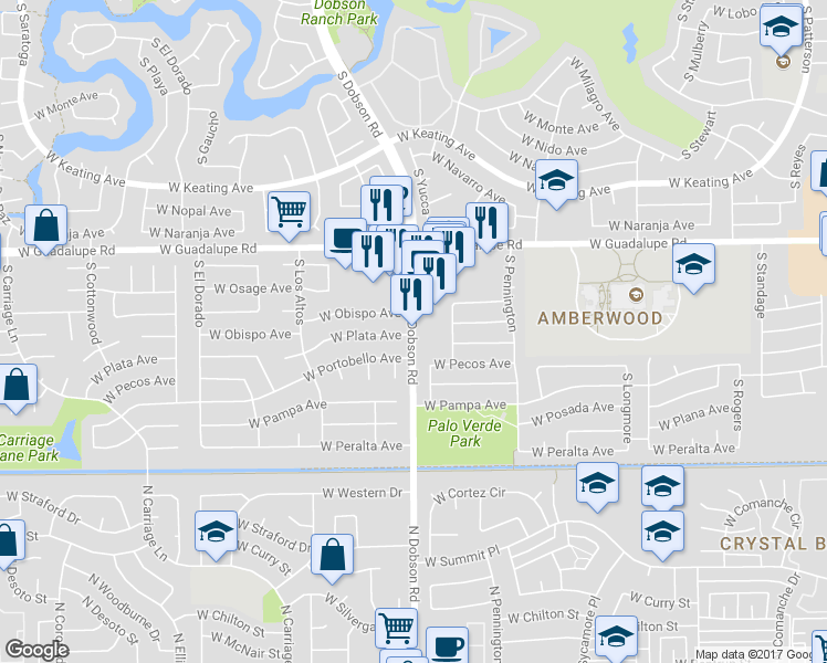 map of restaurants, bars, coffee shops, grocery stores, and more near 2935 South Dobson Road in Mesa