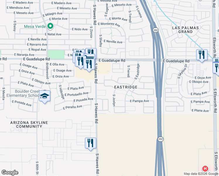 map of restaurants, bars, coffee shops, grocery stores, and more near 8454 East Portobello Avenue in Mesa