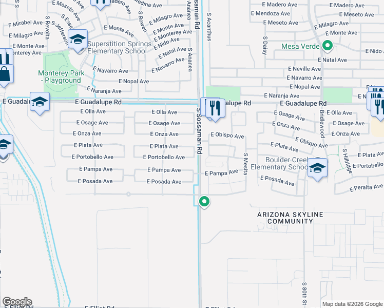 map of restaurants, bars, coffee shops, grocery stores, and more near 7537 East Plata Avenue in Mesa