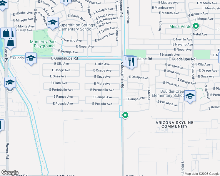 map of restaurants, bars, coffee shops, grocery stores, and more near 7537 East Plata Avenue in Mesa