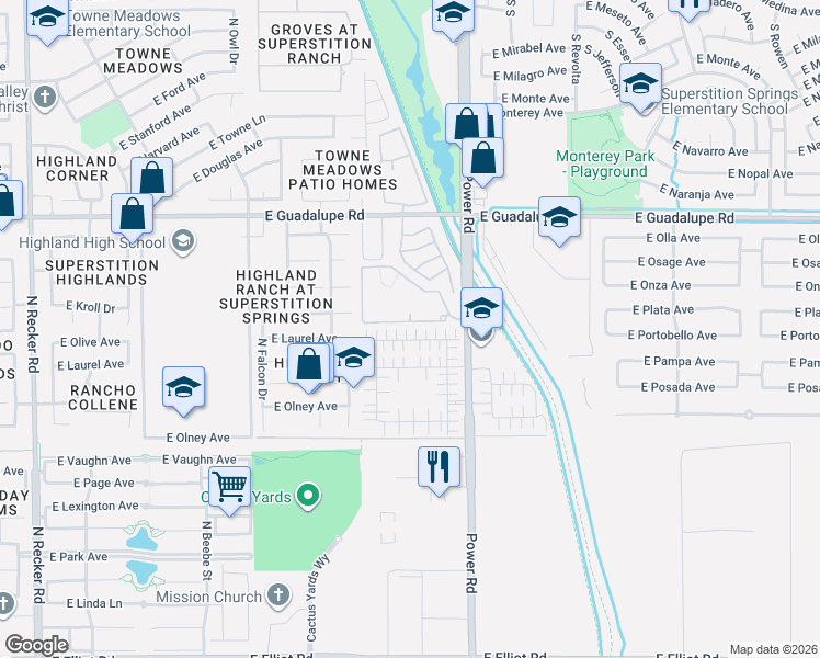map of restaurants, bars, coffee shops, grocery stores, and more near 4690 East Laurel Avenue in Gilbert
