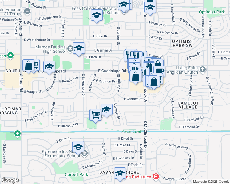 map of restaurants, bars, coffee shops, grocery stores, and more near 1501 East Vaughn Street in Tempe