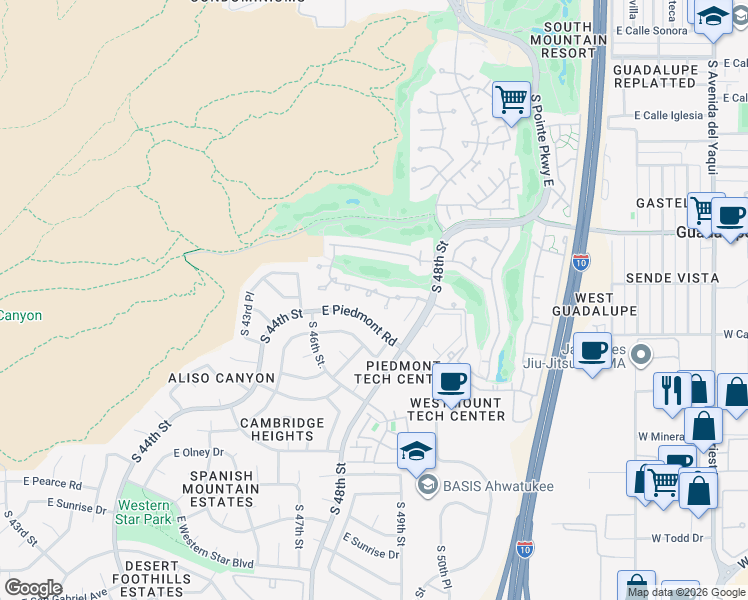 map of restaurants, bars, coffee shops, grocery stores, and more near 4649 East Monte Way in Phoenix