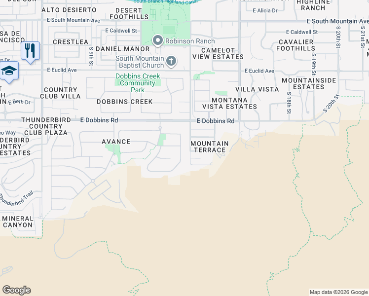 map of restaurants, bars, coffee shops, grocery stores, and more near 1402 East La Mirada Drive in Phoenix