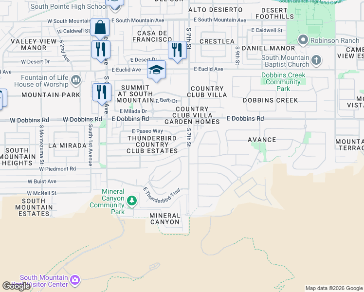 map of restaurants, bars, coffee shops, grocery stores, and more near 539 East Monte Way in Phoenix