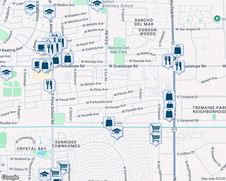 map of restaurants, bars, coffee shops, grocery stores, and more near 743 West Plata Avenue in Mesa