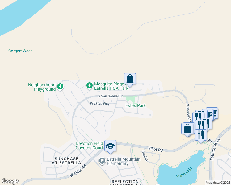 map of restaurants, bars, coffee shops, grocery stores, and more near 18237 West La Mirada Drive in Goodyear