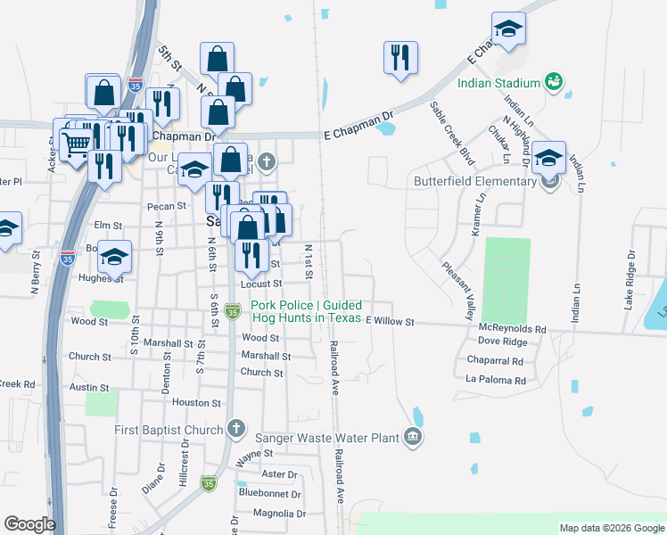 map of restaurants, bars, coffee shops, grocery stores, and more near 202 Railroad Avenue in Sanger