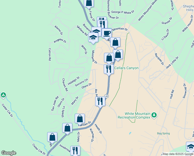 map of restaurants, bars, coffee shops, grocery stores, and more near 216 Rio Arriba Road in Ruidoso