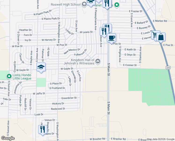 map of restaurants, bars, coffee shops, grocery stores, and more near 424-554 West Gayle Street in Roswell
