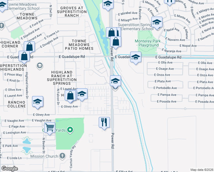 map of restaurants, bars, coffee shops, grocery stores, and more near 4766 East Laurel Court in Gilbert