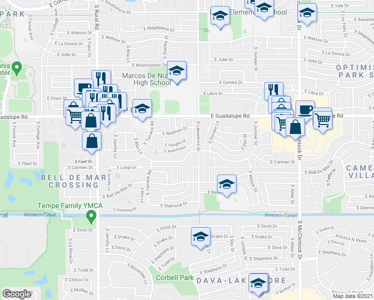 map of restaurants, bars, coffee shops, grocery stores, and more near 1180 East Carmen Street in Tempe