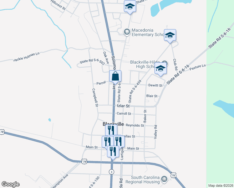 map of restaurants, bars, coffee shops, grocery stores, and more near 19720 Solomon Blatt Avenue in Blackville
