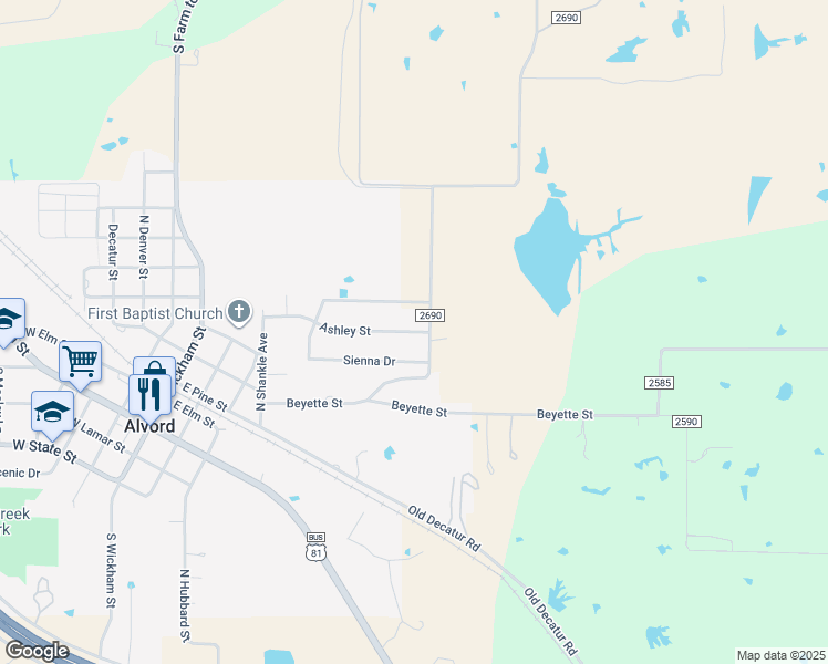 map of restaurants, bars, coffee shops, grocery stores, and more near 224 Ashley St in Alvord