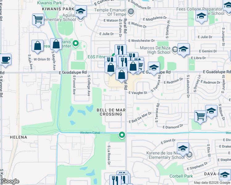 map of restaurants, bars, coffee shops, grocery stores, and more near 723 East Vaughn Drive in Tempe