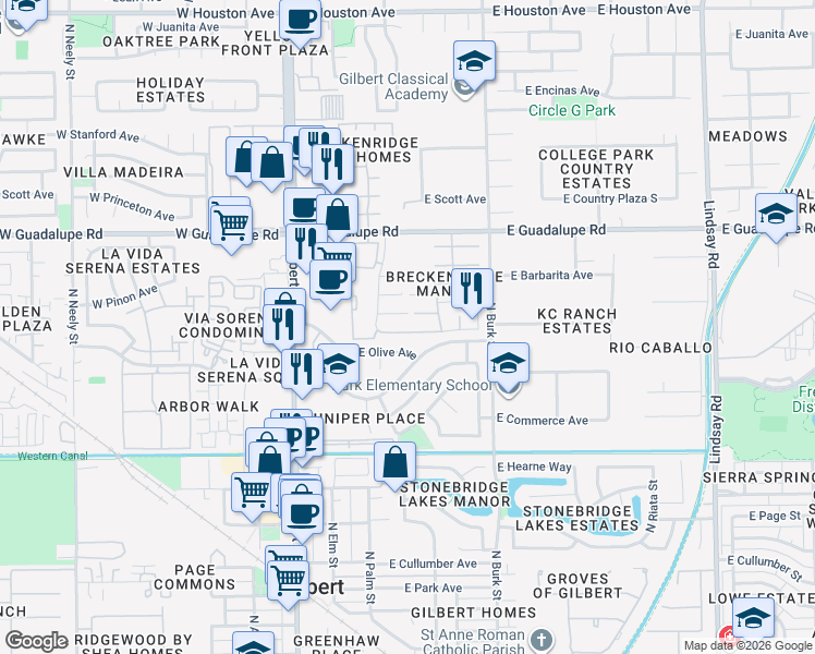 map of restaurants, bars, coffee shops, grocery stores, and more near 211 East Kroll Drive in Gilbert