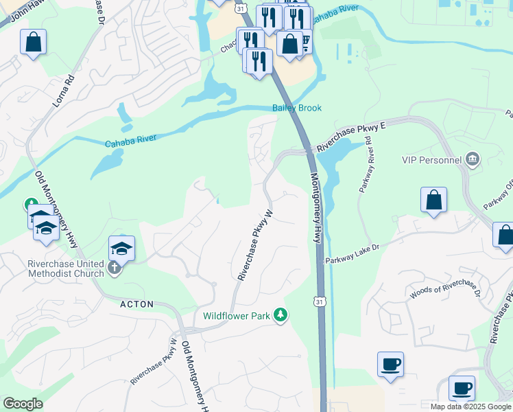 map of restaurants, bars, coffee shops, grocery stores, and more near 626 Riverchase Parkway West in Birmingham