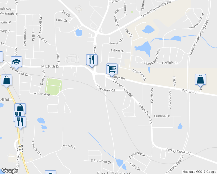 map of restaurants, bars, coffee shops, grocery stores, and more near 60 East Newnan Road in Newnan