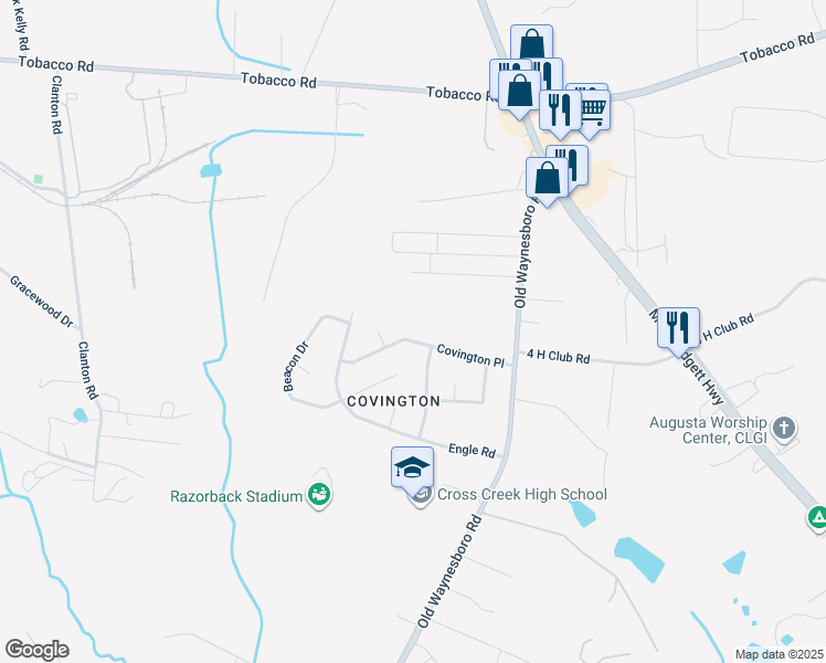 map of restaurants, bars, coffee shops, grocery stores, and more near 1823 Covington Place in Augusta