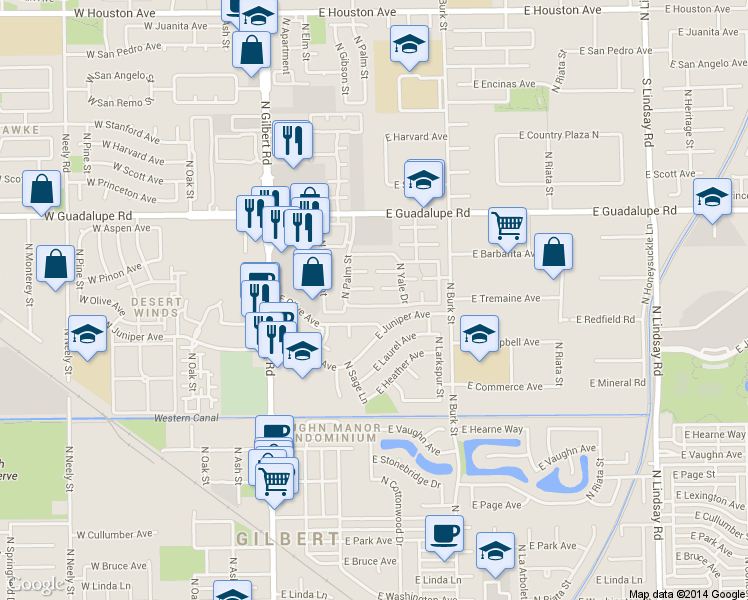 map of restaurants, bars, coffee shops, grocery stores, and more near 211 East Kroll Drive in Gilbert