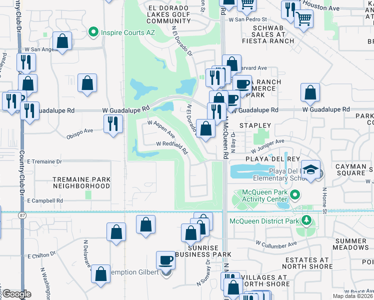 map of restaurants, bars, coffee shops, grocery stores, and more near 1796 West Redfield Road in Gilbert