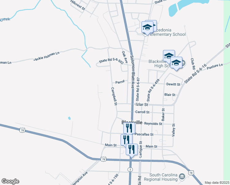 map of restaurants, bars, coffee shops, grocery stores, and more near 500 Campbell Street in Blackville