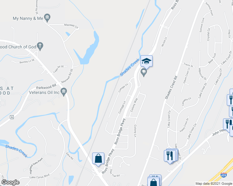 map of restaurants, bars, coffee shops, grocery stores, and more near 5289 Cottage Circle in Hoover