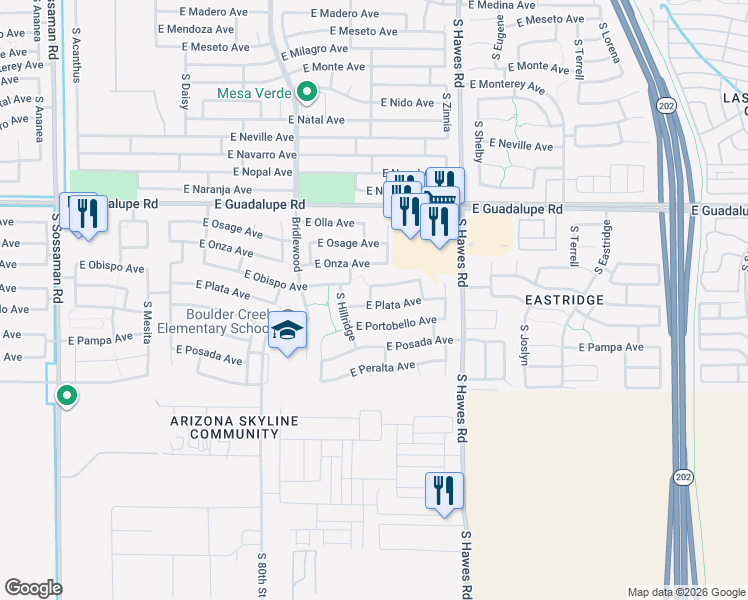 map of restaurants, bars, coffee shops, grocery stores, and more near 8206 East Plata Avenue in Mesa