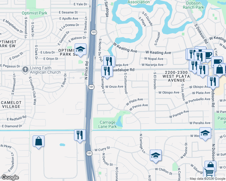 map of restaurants, bars, coffee shops, grocery stores, and more near 2636 West Ocaso Circle in Mesa