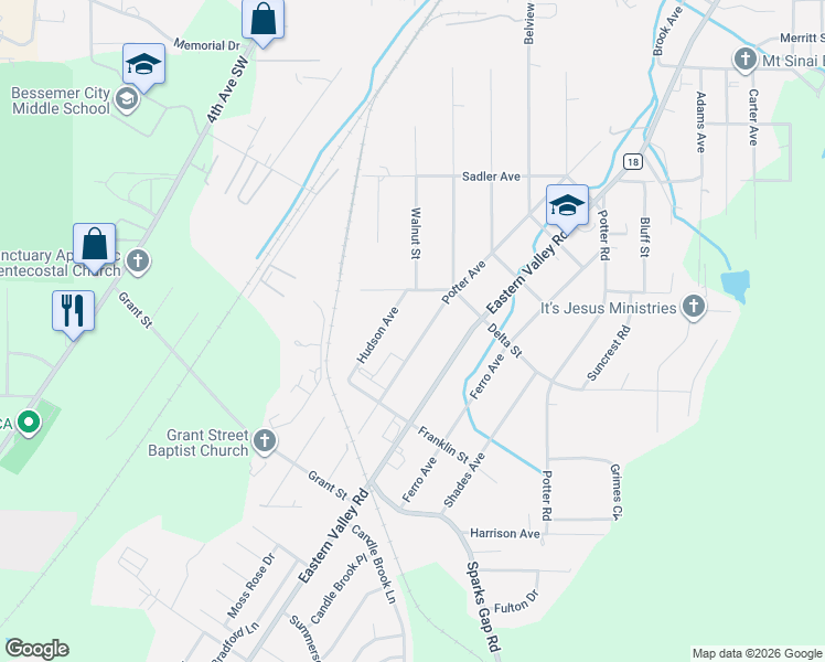 map of restaurants, bars, coffee shops, grocery stores, and more near 1208 Potter Ave in Bessemer