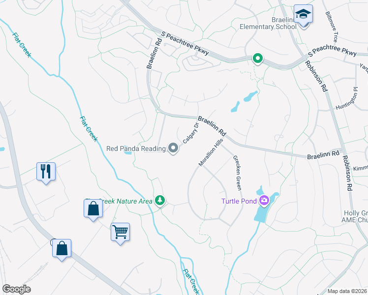 map of restaurants, bars, coffee shops, grocery stores, and more near 501 Atwood Circle in Peachtree City
