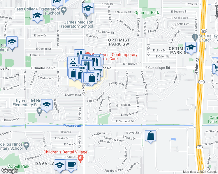 map of restaurants, bars, coffee shops, grocery stores, and more near 1885 East Vaughn Street in Tempe