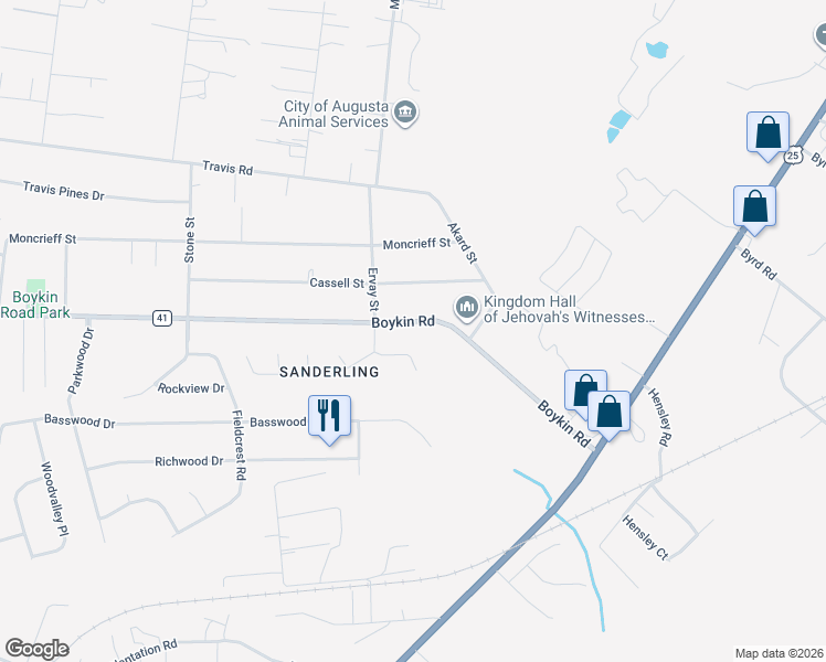 map of restaurants, bars, coffee shops, grocery stores, and more near 2114 Boykin Road in Augusta
