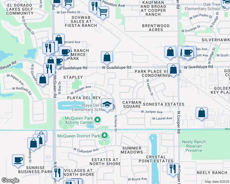 map of restaurants, bars, coffee shops, grocery stores, and more near 647 North Horne Street in Gilbert