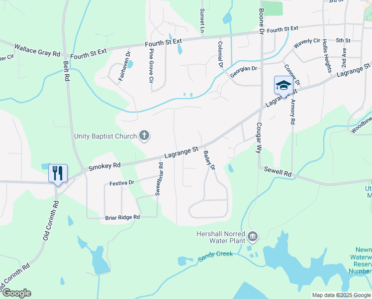 map of restaurants, bars, coffee shops, grocery stores, and more near 63 Autumn Lane in Newnan