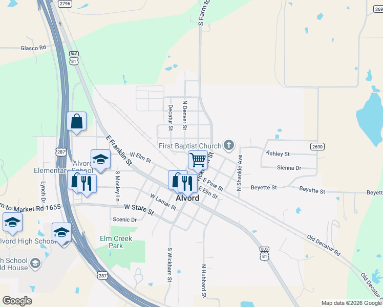 map of restaurants, bars, coffee shops, grocery stores, and more near 301 O'Neil Street in Alvord