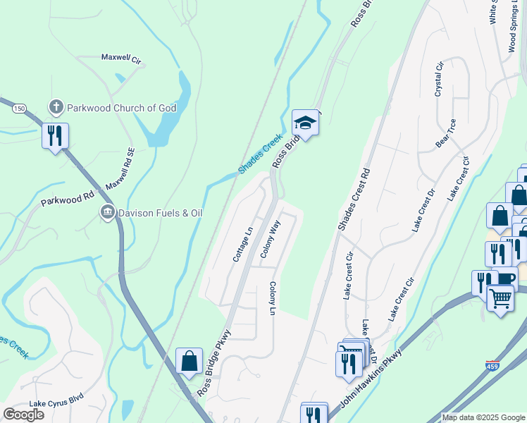 map of restaurants, bars, coffee shops, grocery stores, and more near 5270 Cottage Lane in Hoover