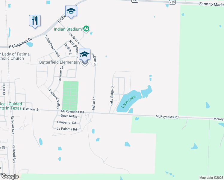 map of restaurants, bars, coffee shops, grocery stores, and more near 3007 Lakeridge Drive in Sanger