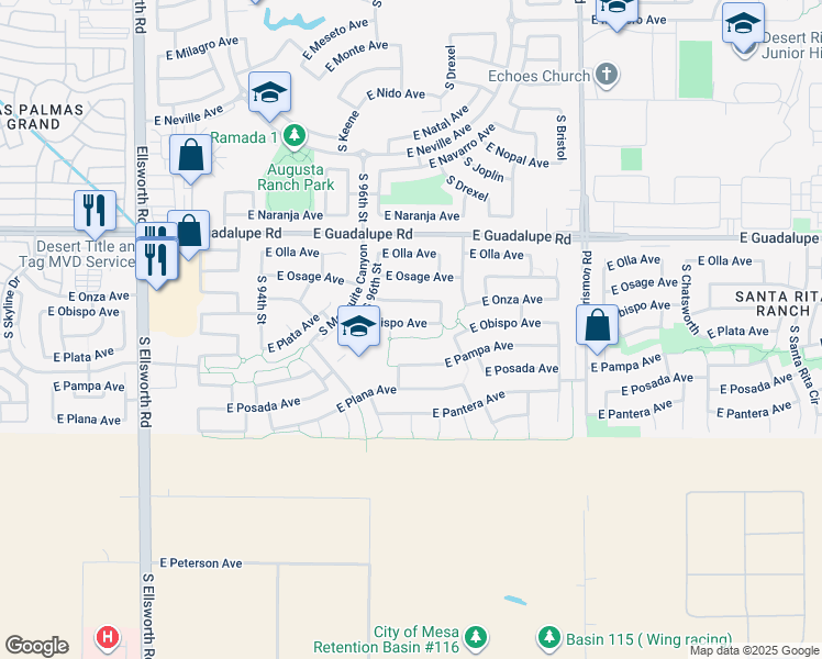 map of restaurants, bars, coffee shops, grocery stores, and more near 9657 East Obispo Avenue in Mesa