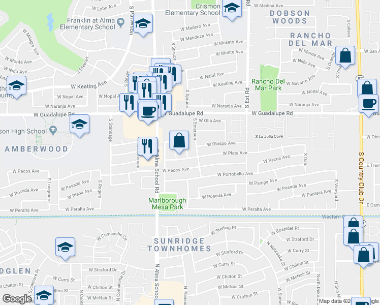 map of restaurants, bars, coffee shops, grocery stores, and more near 2927 S Spruce in Mesa