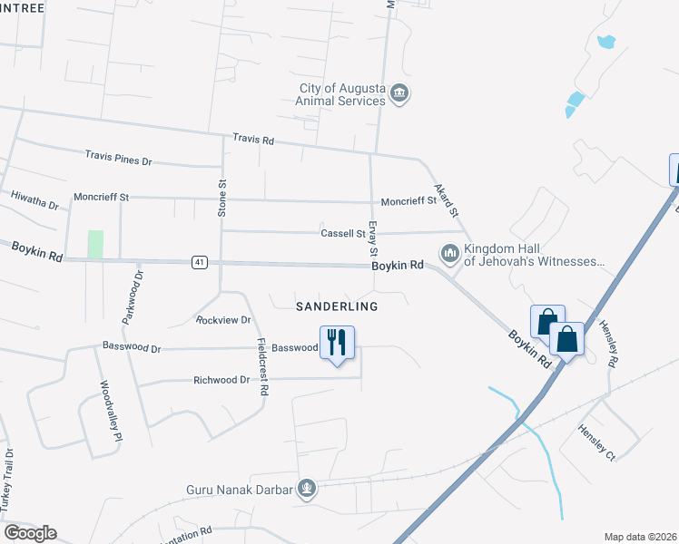 map of restaurants, bars, coffee shops, grocery stores, and more near 2210 Boykin Road in Augusta
