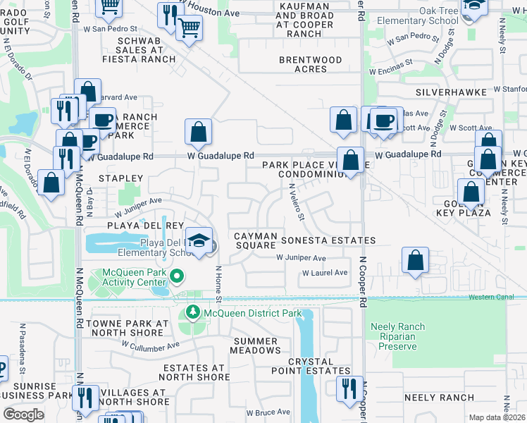 map of restaurants, bars, coffee shops, grocery stores, and more near 638 North Duffy Way in Gilbert
