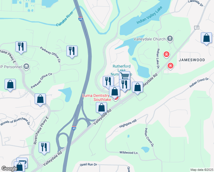 map of restaurants, bars, coffee shops, grocery stores, and more near 145 Southlake Lane in Hoover