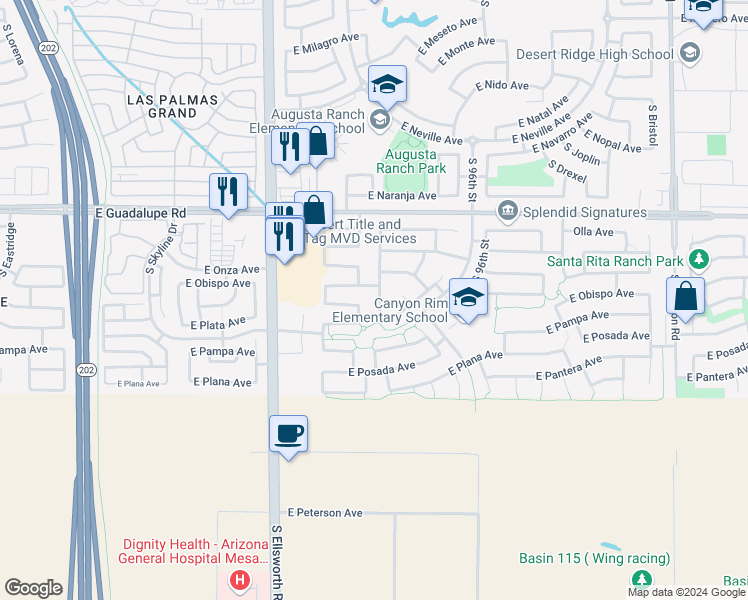 map of restaurants, bars, coffee shops, grocery stores, and more near 2950 South 94th Street in Mesa